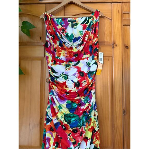 Lauren Ralph Lauren  Faux Wrap Ruched Poppy Floral Jersey Dress SZ 8 NWT - Picture 2 of 15